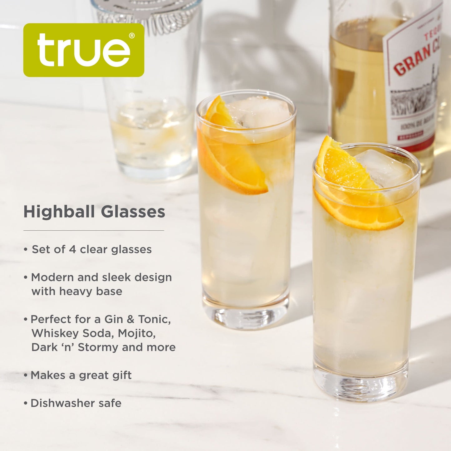 True Highball Cocktail Large Drinking Glasses With Heavy Base, Tall Glass Tumbler, Water Glasses, Glasses for Kitchen, Drink cup Set Of 4, 11 Ounces