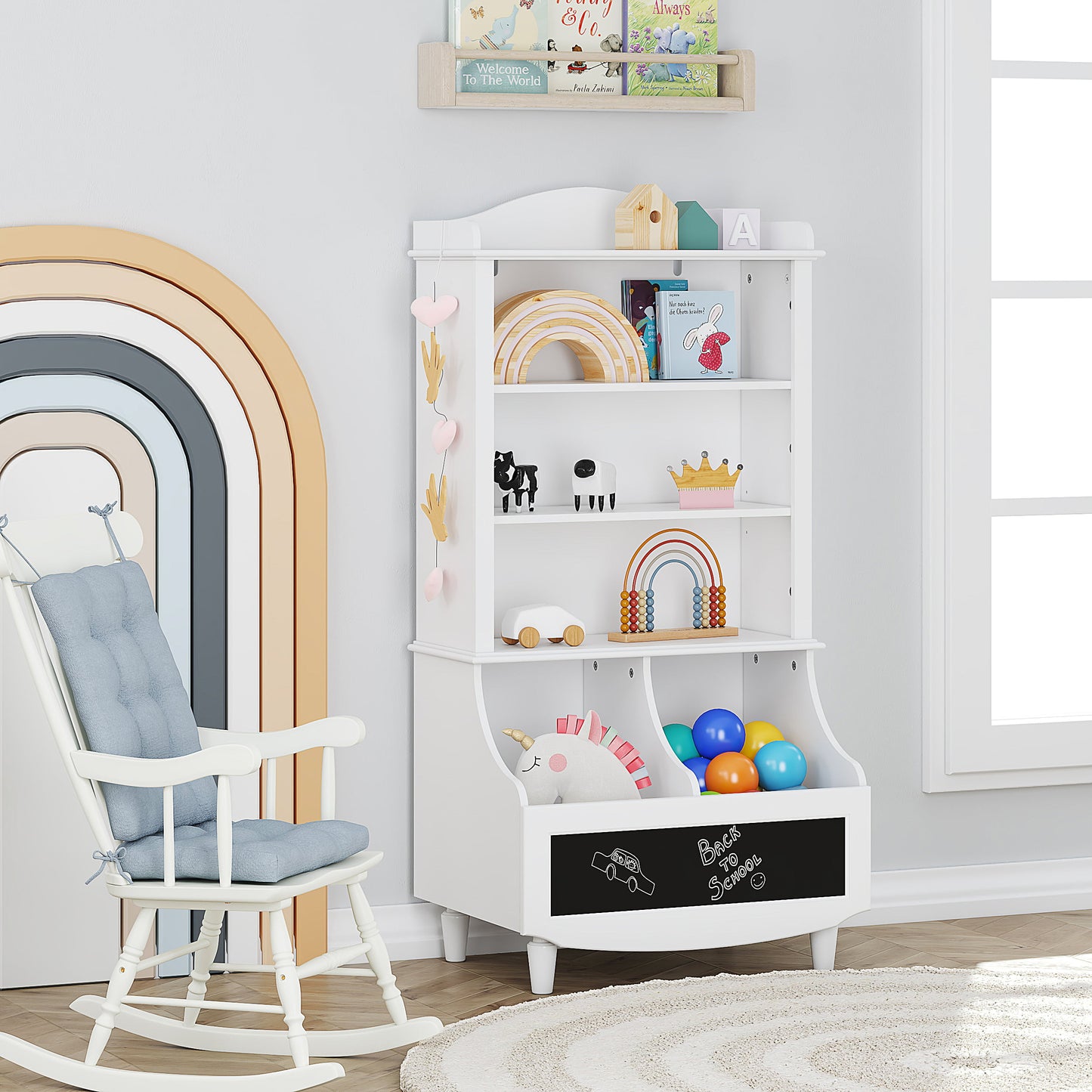 UTEX Kids Bookshelf and Toy Storage, Kids Wood Bookcase with Blackboard and Cubbies, Open Kids Bookshelf and Toy Organizer Cabinet, Kids Bookshelves Display Stand for Toddlers, White