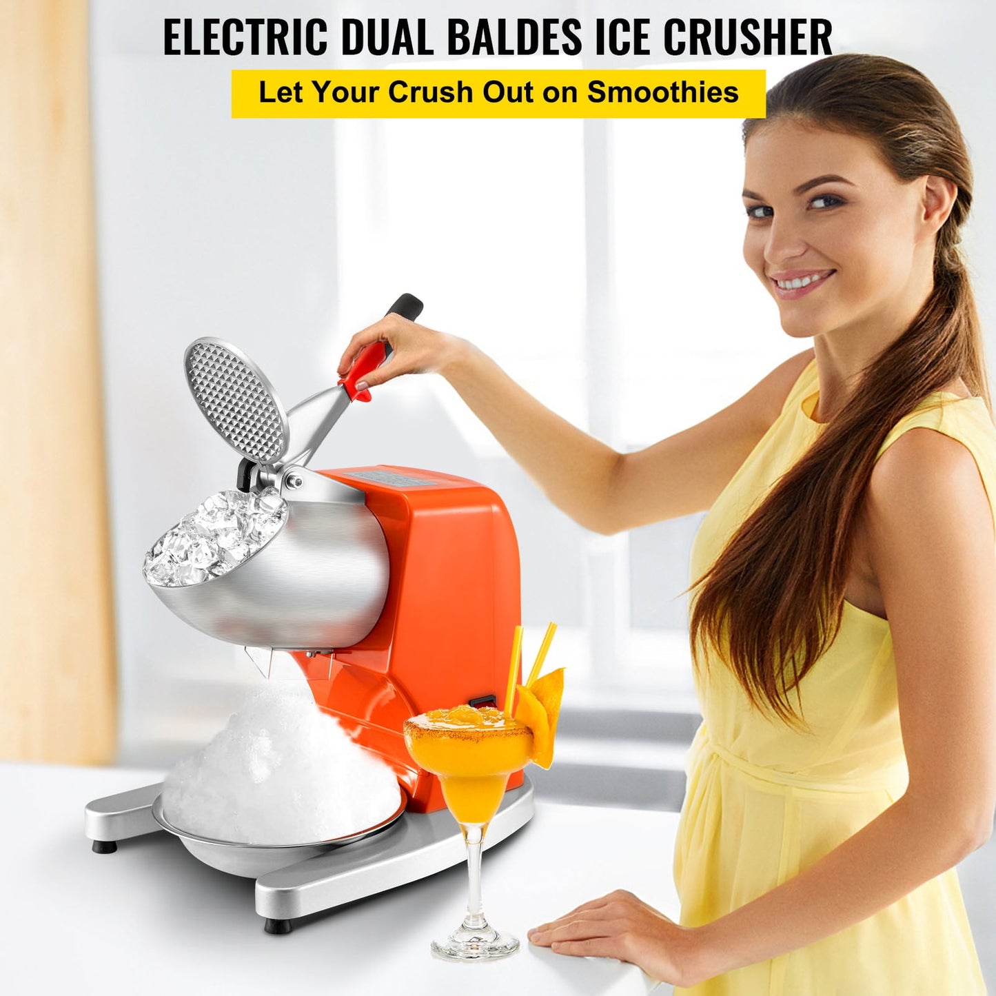 VEVORbrand Electric Ice Shaver Crusher Snow Cone Maker Machine with Dual Stainless Steel Blades 210lbs/H Shaved Ice Machine 300W 1450 RPM with Ice Plate & Additional Blade for Home and Commercial Use