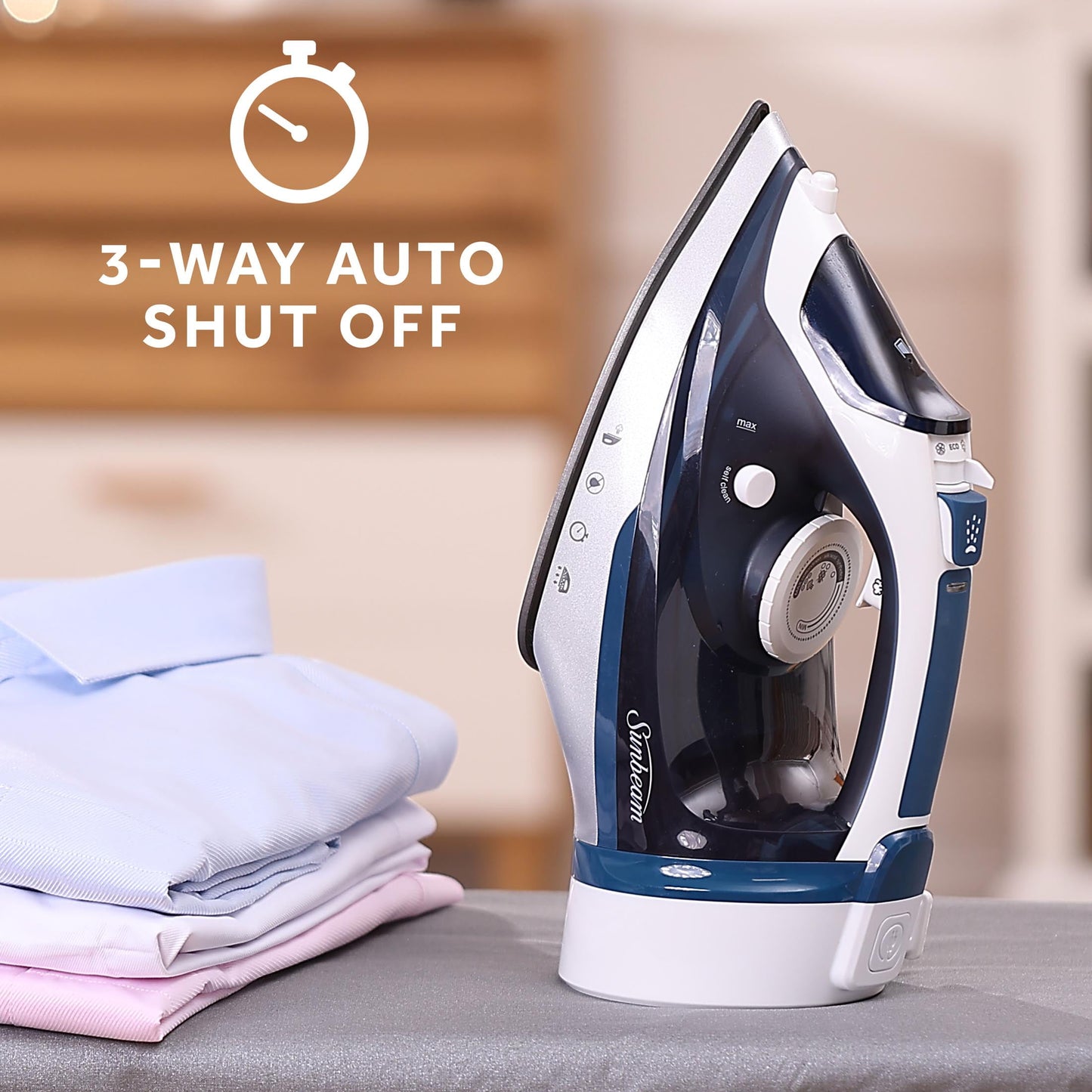 Sunbeam 1700W Steam Iron, Retractable Cord, Shot of Steam Feature, Blue and White Finish