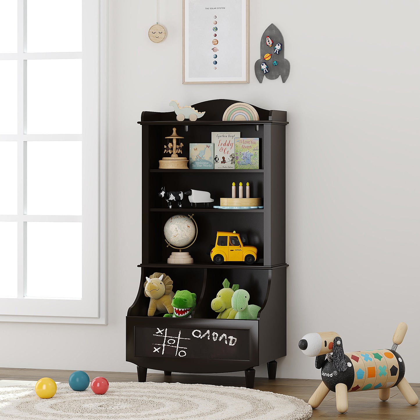 UTEX Kids Bookshelf and Toy Storage, Kids Wood Bookcase with Blackboard and Cubbies, Open Kids Bookshelf and Toy Organizer Cabinet, Kids Bookshelves Display Stand for Toddlers, White
