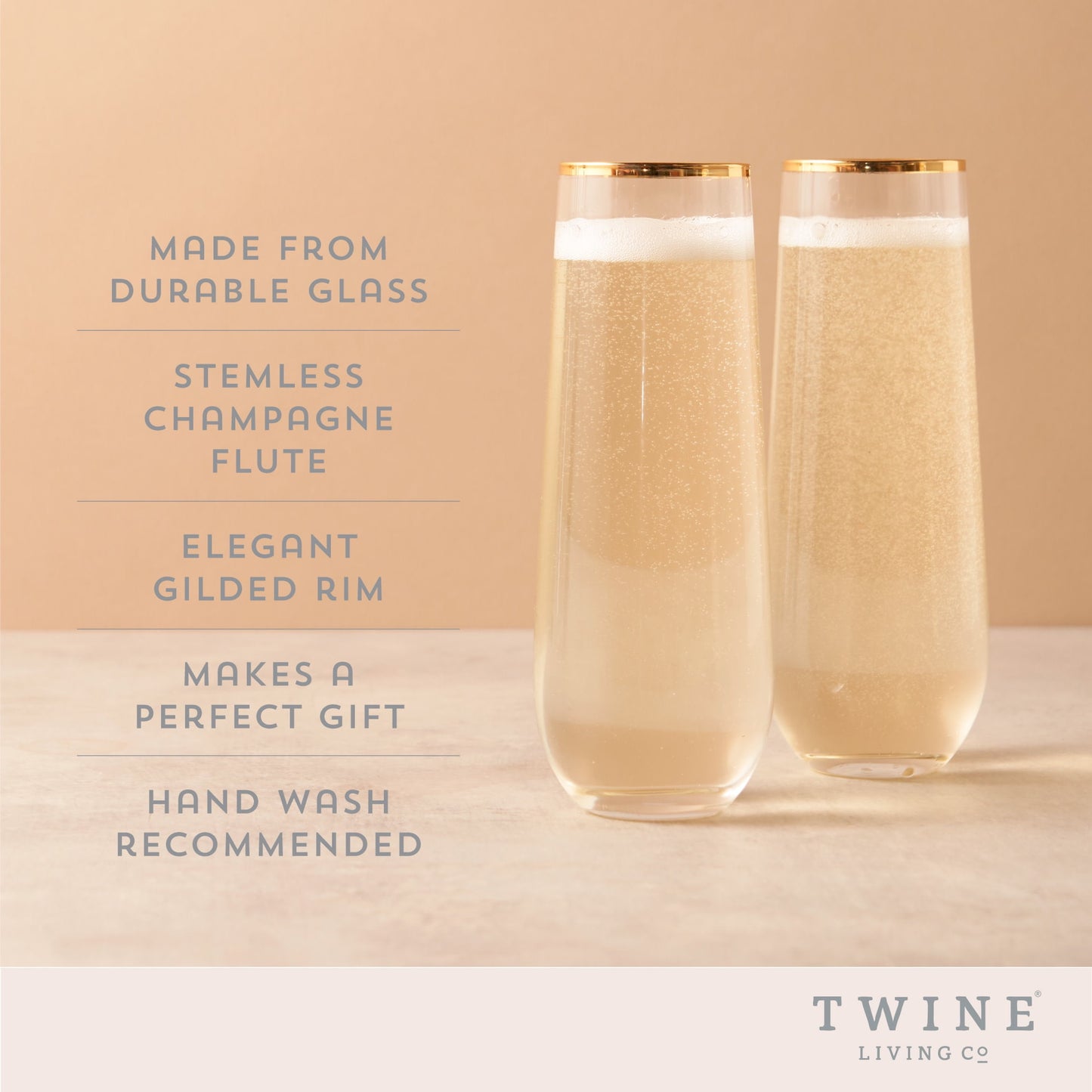 Twine Gilded Champagne Flutes, Gold Rimmed Clear Wine Glass Set, Stemless Wine Glasses, Set of 2, 10 Ounces