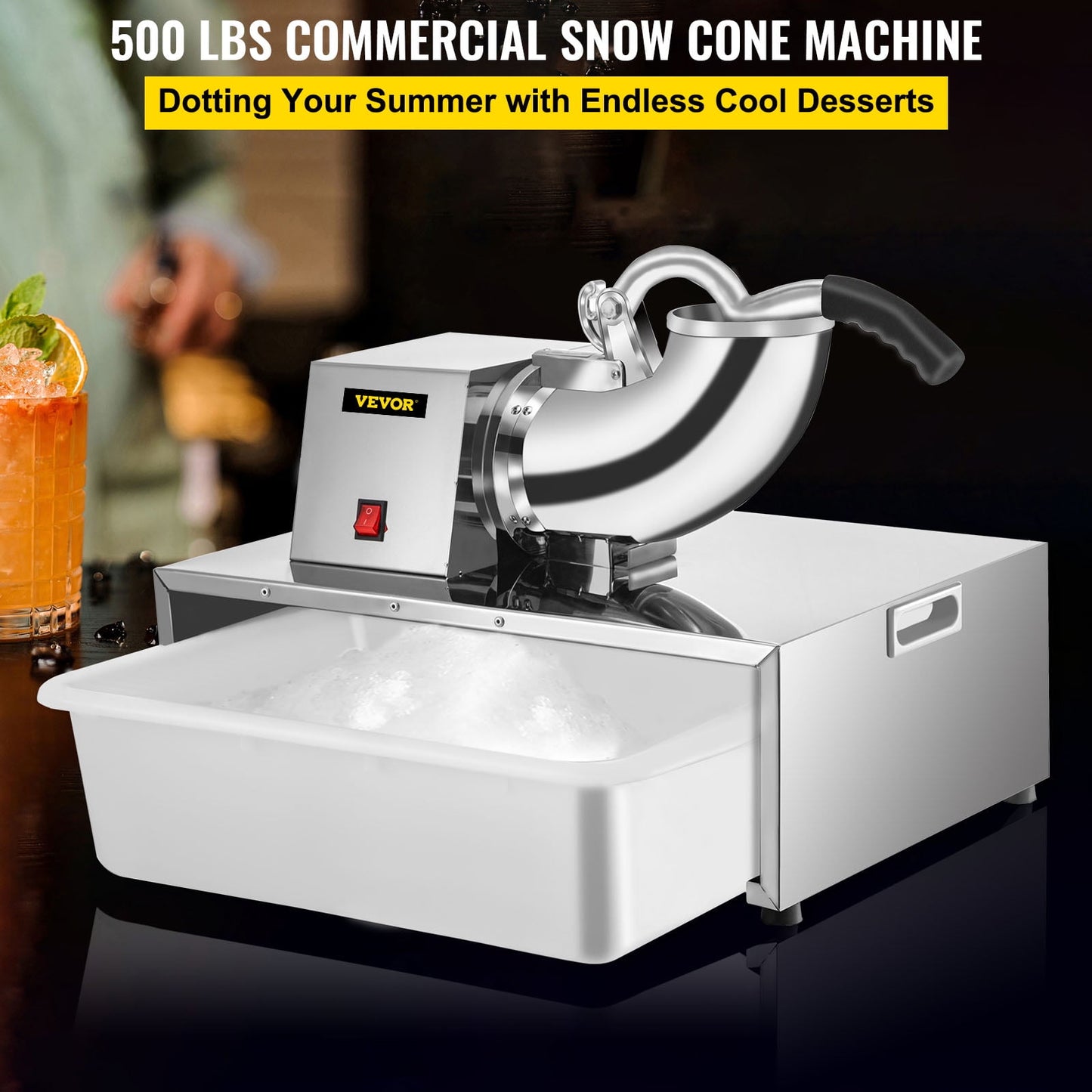 VEVORbrand Commercial Snow Cone Machine,500lbs/H Commercial Snow Cone Maker,Electric Shaved Ice Machine with Dual Blades,Stainless Steel Ice Crusher Shaver with 20Qt Ice Basin