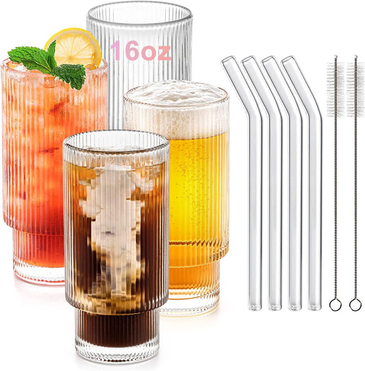 Combler Drinking Glasses Set of 4, Glass Cups with Straws, 12oz Cute Ribbed Glassware for Water Cocktail Glasses, Iced coffee Cup for Coffee Bar Accessories