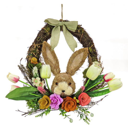 Artificial Hanging Wreath, Woven Branch Base, Decorated with Multicolor Flower Blooms, Tulips, Leafy Greens, Bunny Head, Easter Collection, 16 Inches