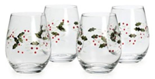 Pfaltzgraff Winterberry Set of 4 Stemless Hand Painted Wine Glasses