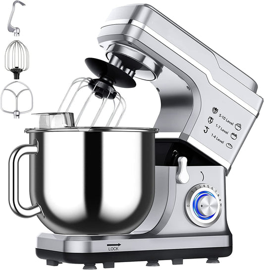 Tilt-head Stand Mixer, 7.5QT 660w 10*Speed Electric Kitchen Mixer with Whisk,Dough Hook,Flat Beater,Splash-proof Cover dishwasher Safe for Baking, Cake, Cookie, Kneading U.S. regulations Silver