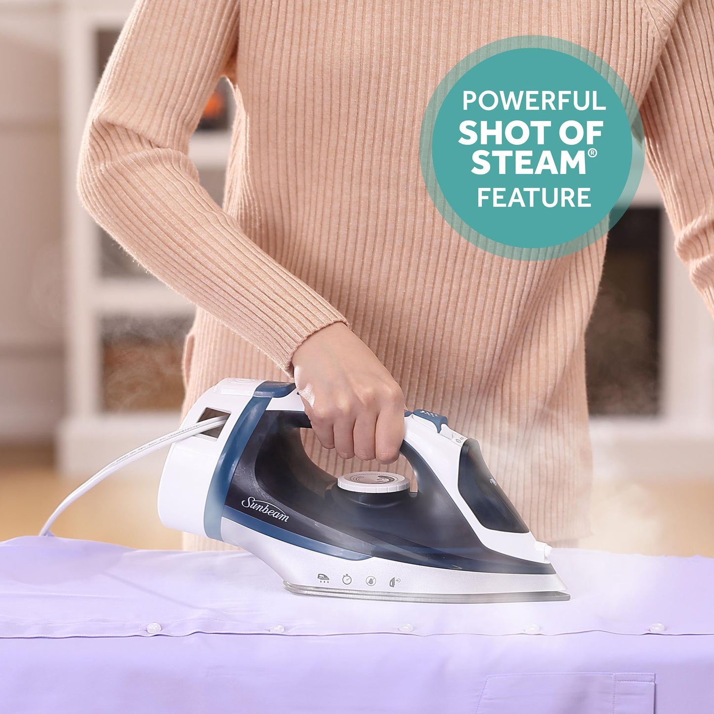 Sunbeam 1700W Steam Iron, Retractable Cord, Shot of Steam Feature, Blue and White Finish