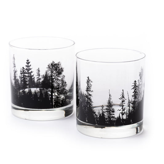 Black Lantern Whiskey Glass Set - Forest Landscape Rock Glasses - Set of 2 Tumbler Glasses - Old Fashioned Cocktail Glass