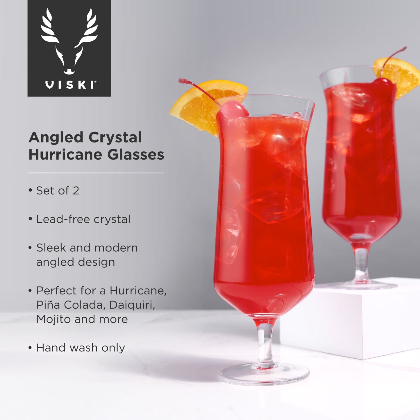 Viski Raye Angled Stemmed Hurricane Glasses - Tropical Crystal Cocktail Glass