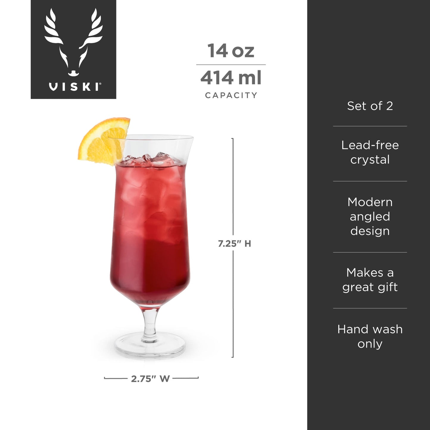 Viski Raye Angled Stemmed Hurricane Glasses - Tropical Crystal Cocktail Glass